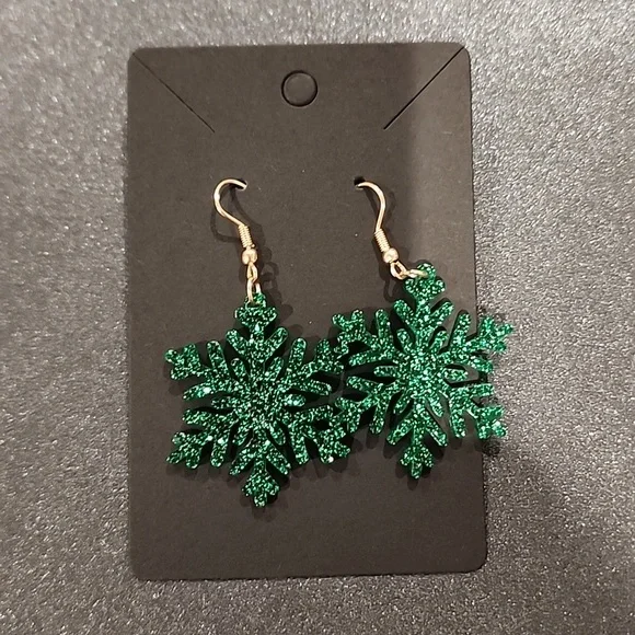 Green Snowflake Earrings - Picture 2 of 2
